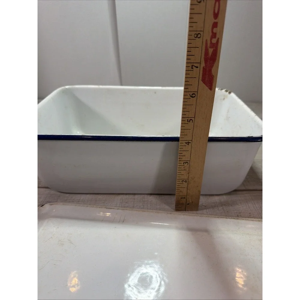Vintage Enamelware Rectangular Basin Tub Lid White Blue Rim Farmhouse Primitive